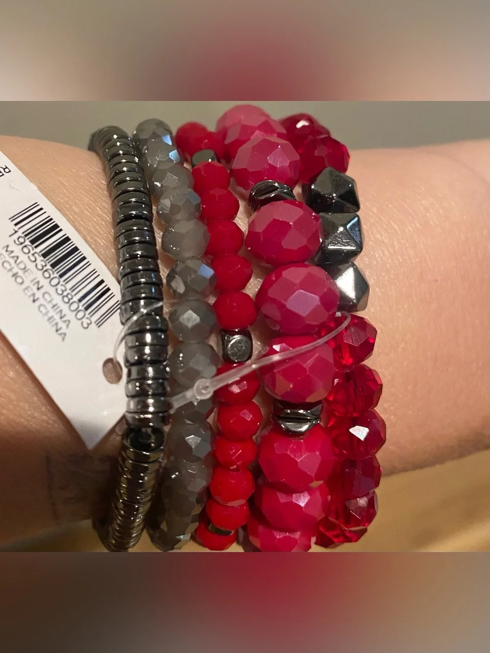 5 piece Faceted Red w/ Gray and Black Stretch Beaded Bracelet Set. NWT MSRP $59